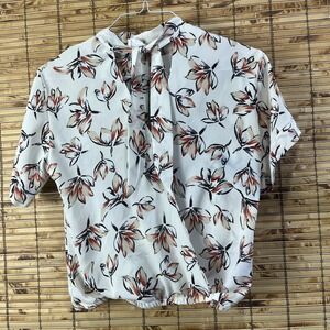 Womens Smocked‎ Floral Blouse XS Ivory Tie Neck Flowy Tropical Work Office Boho